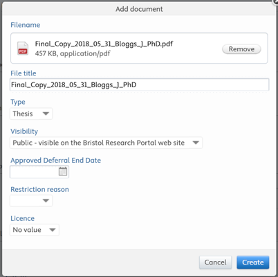 Screenshot of Add document window including the file naming convention
